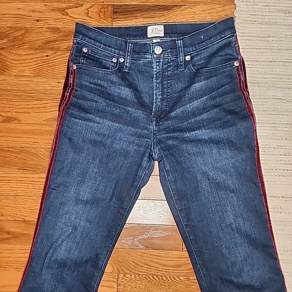 J Crew Vintage Straight Denim Crop Jeans Dark Wash Red Velvet Stripe Mid Rise 27